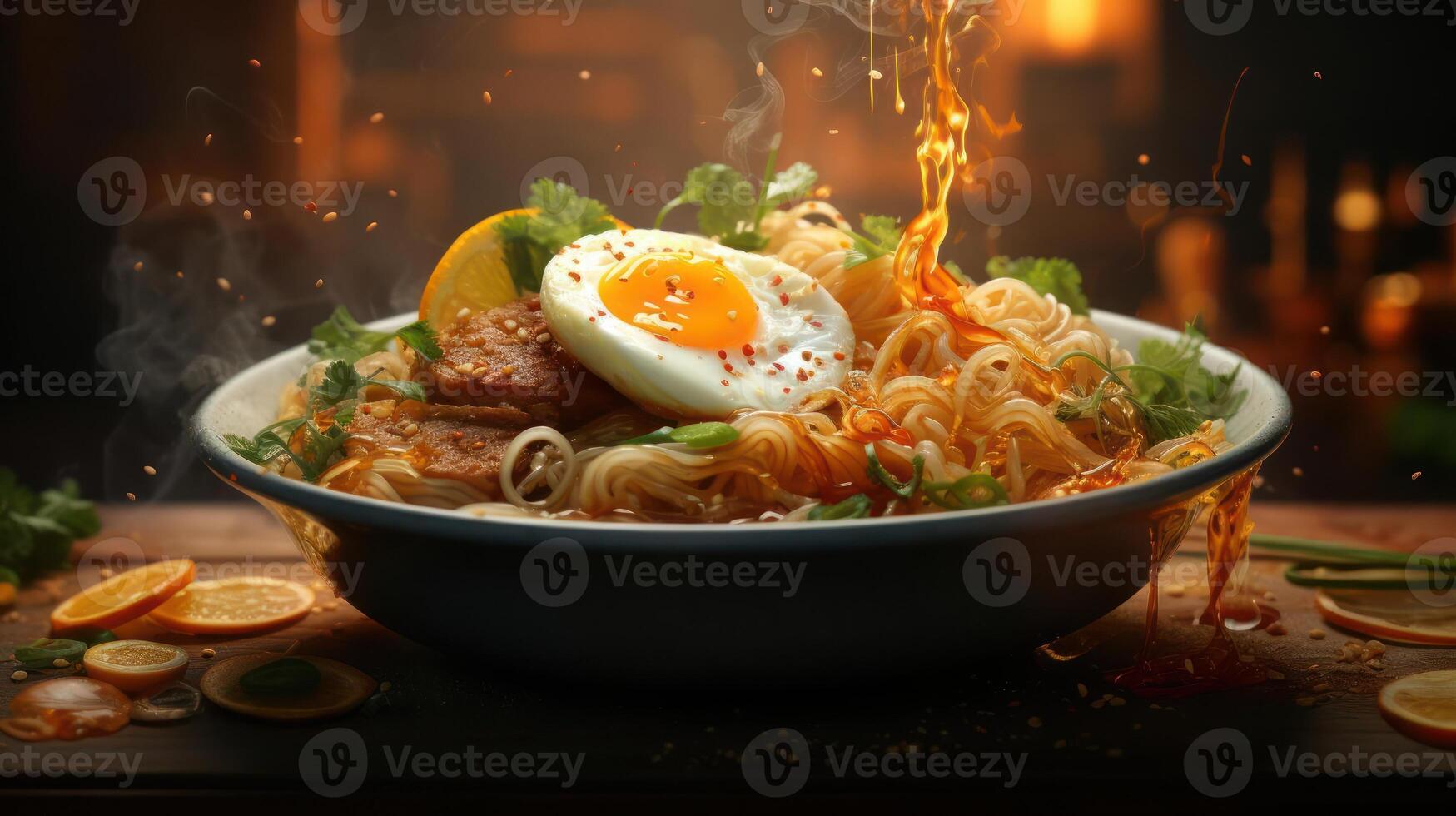 Fiery ramen bowl with egg, herbs, and citrus. photo