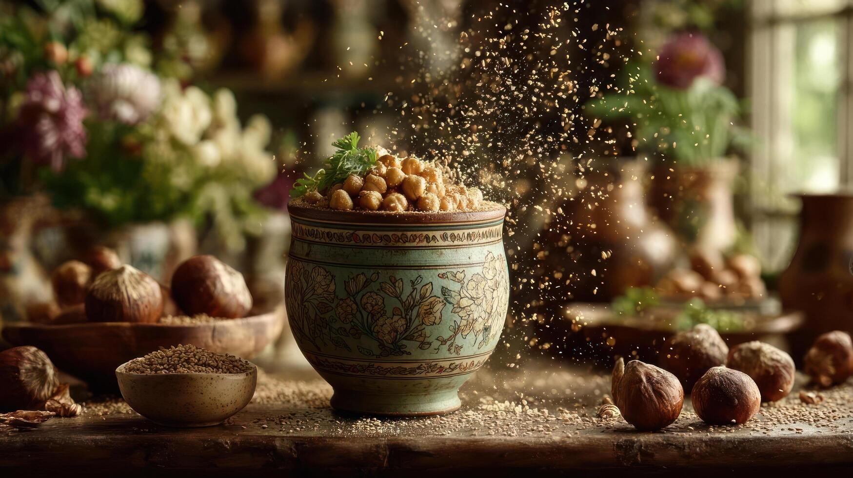 A bowl filled with nuts and spices on a table photo