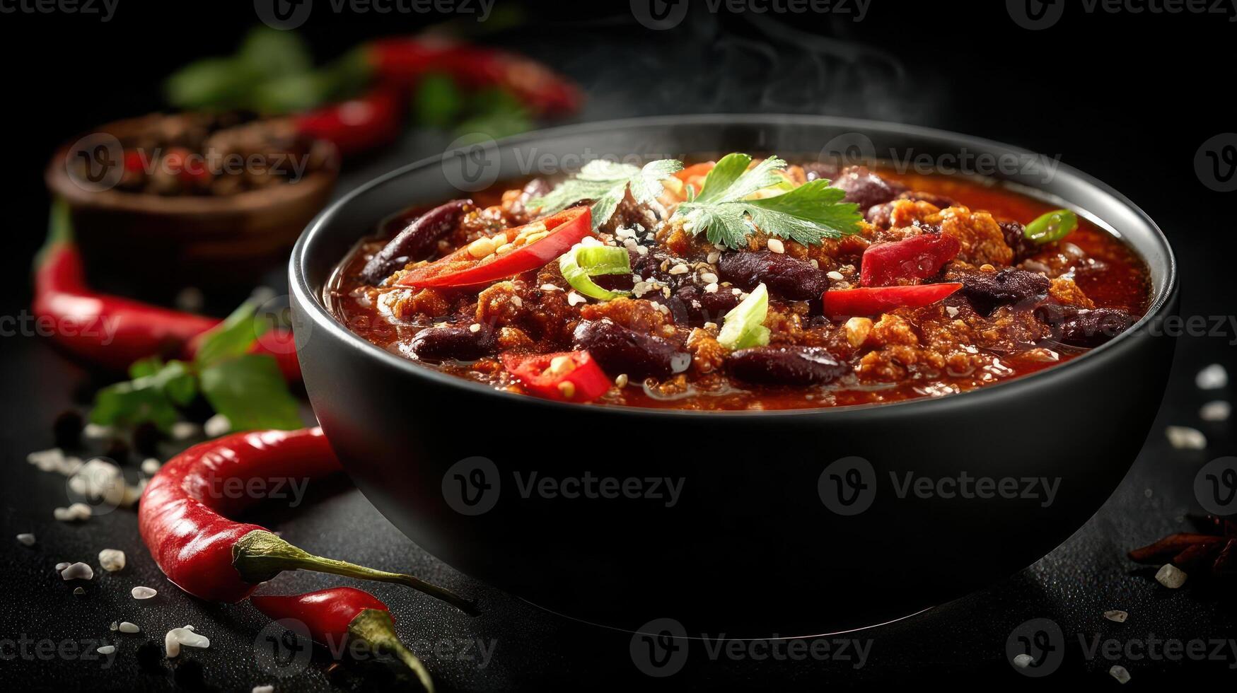 A bowl of spicy chili with fresh herbs and red chilies. photo