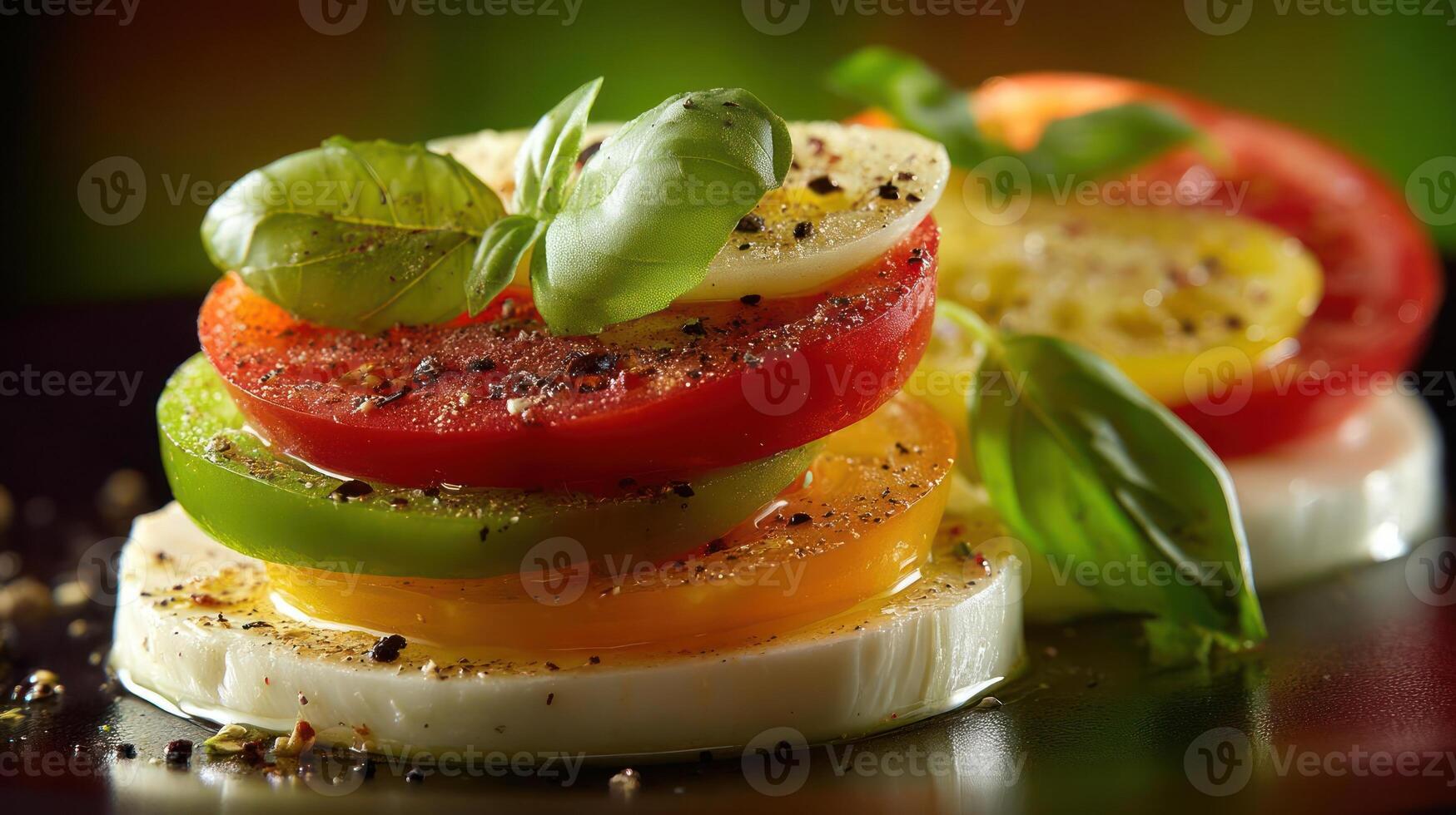 Layered Caprese salad with basil and pepper. photo