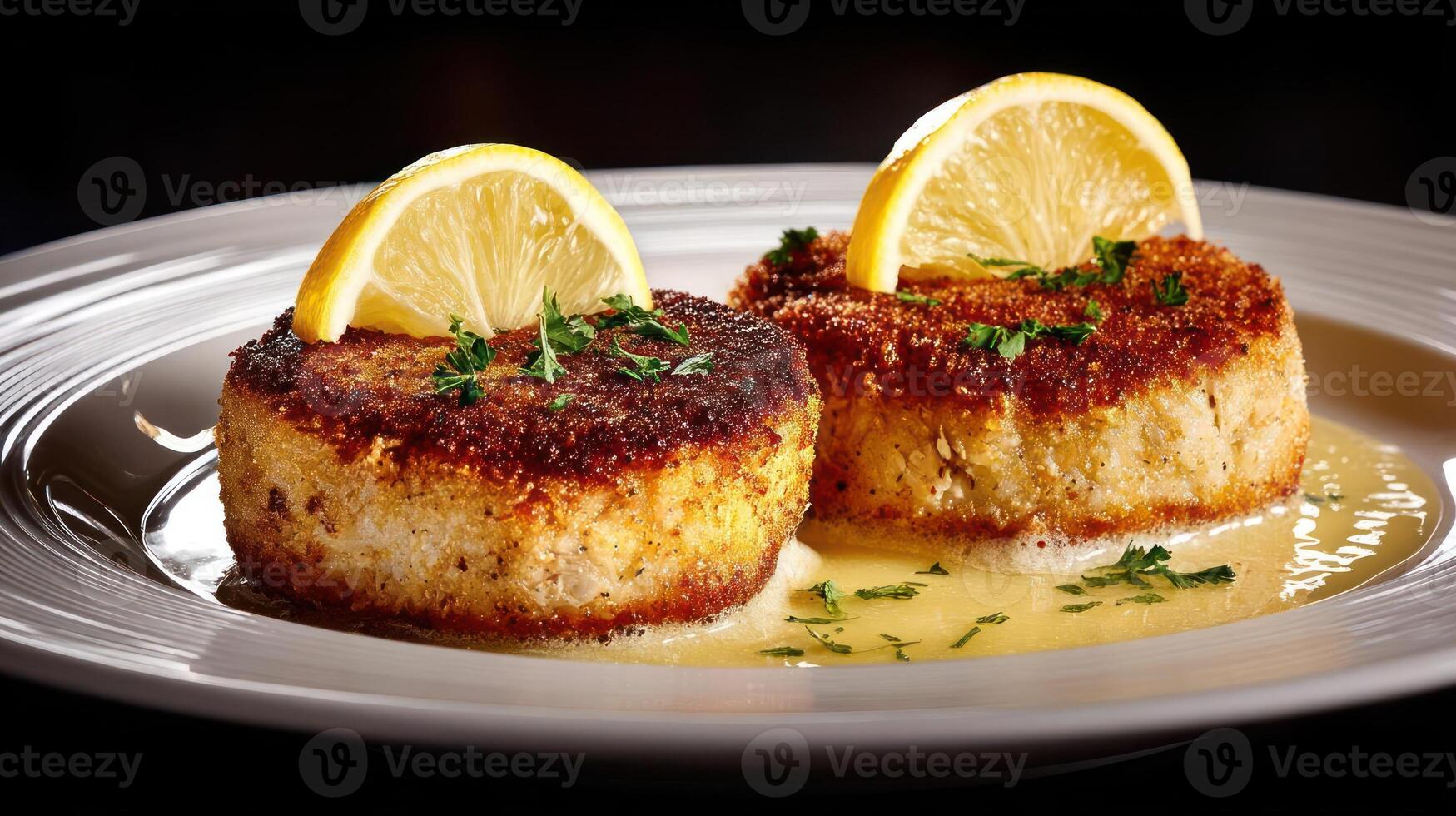 Delicious crab cakes with lemon and sauce on a plate. photo
