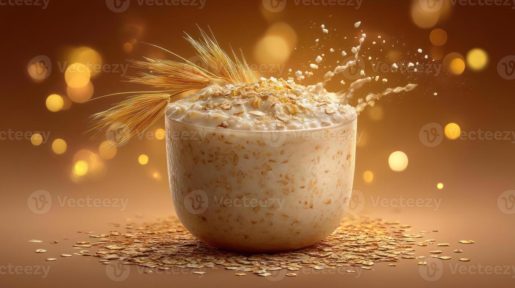 Oat milk splash with wheat grains, golden bokeh. photo