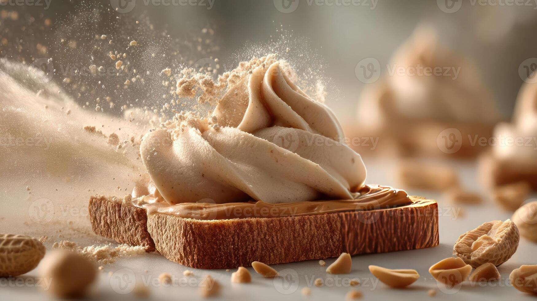 Peanut butter toast with dramatic peanut dust effect. photo