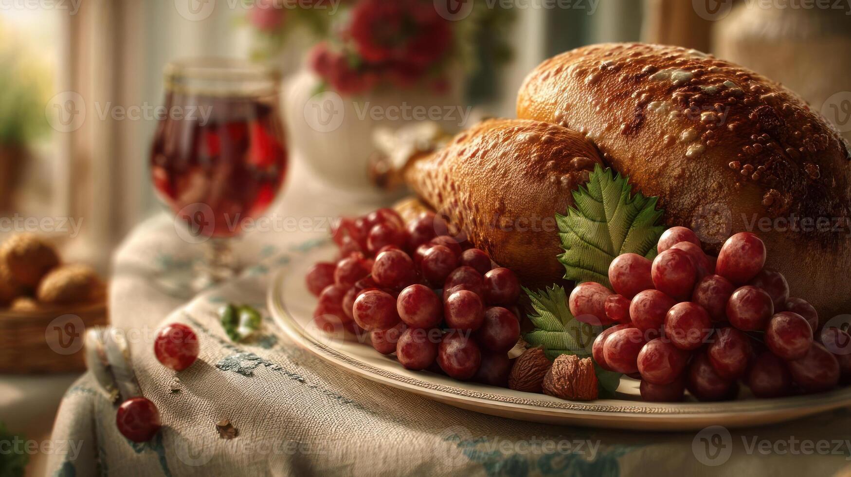 Roasted turkey with grapes and wine, festive dinner. photo
