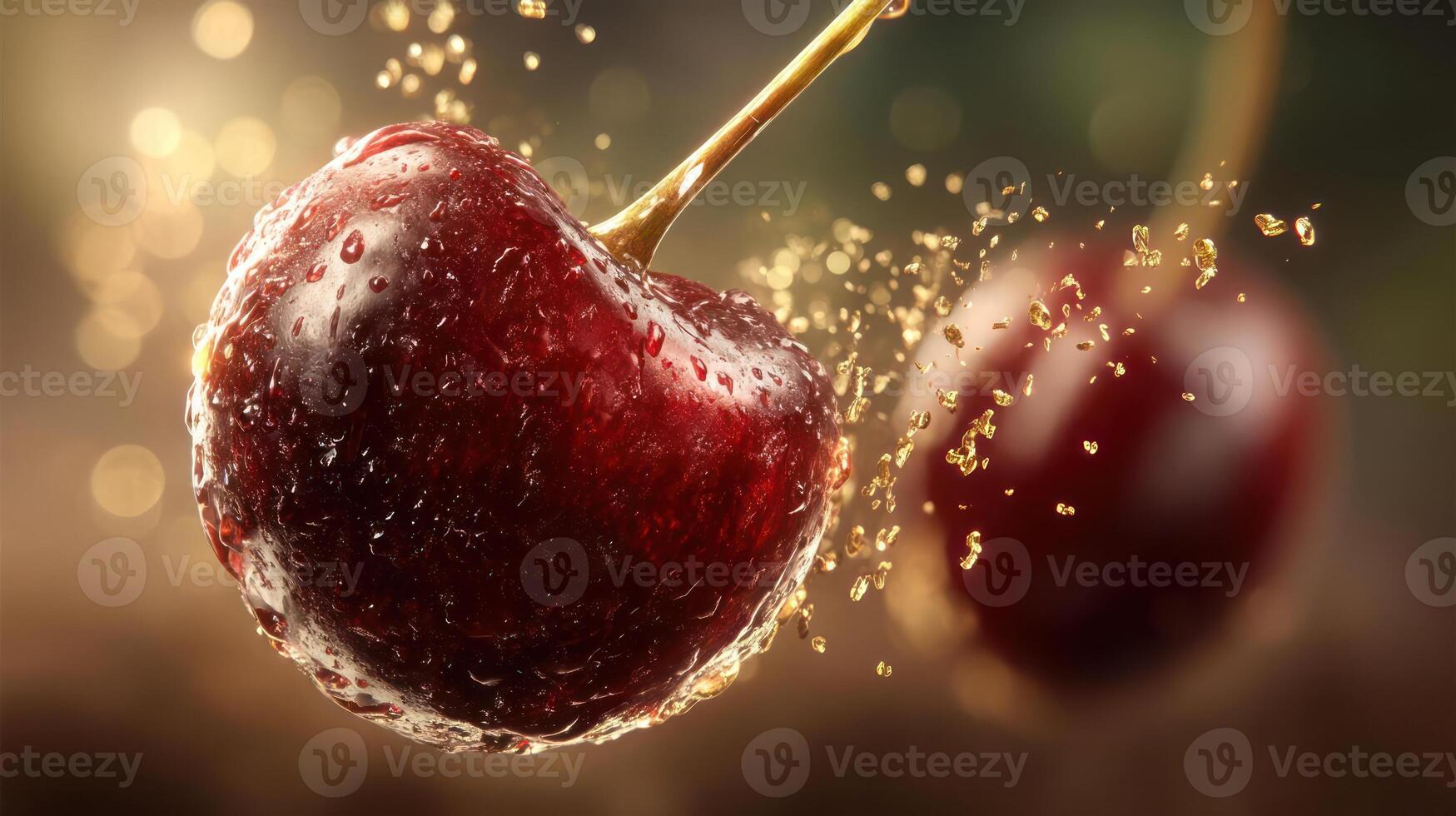 Juicy cherry with water droplets, vibrant and refreshing. photo