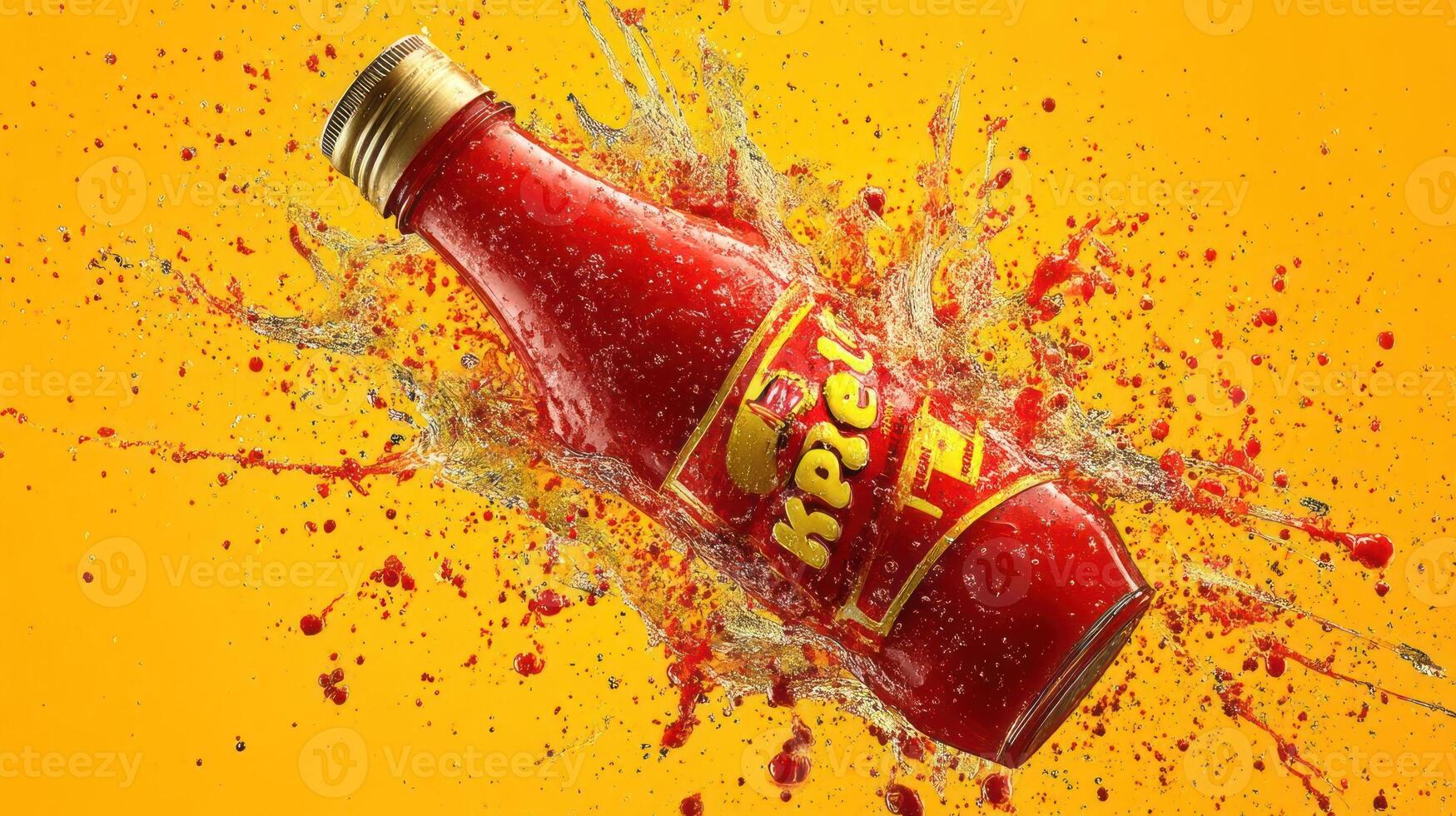 Ketchup bottle with a vibrant splash effect. photo