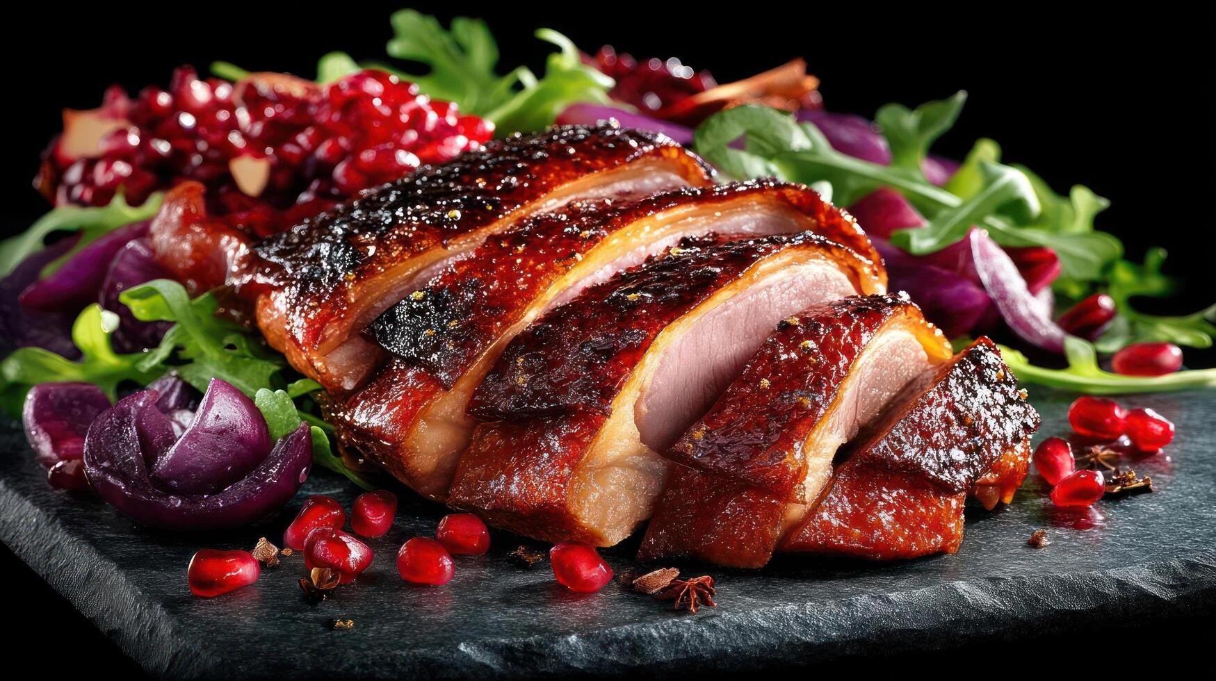 Roasted duck with pomegranate and greens on slate. photo