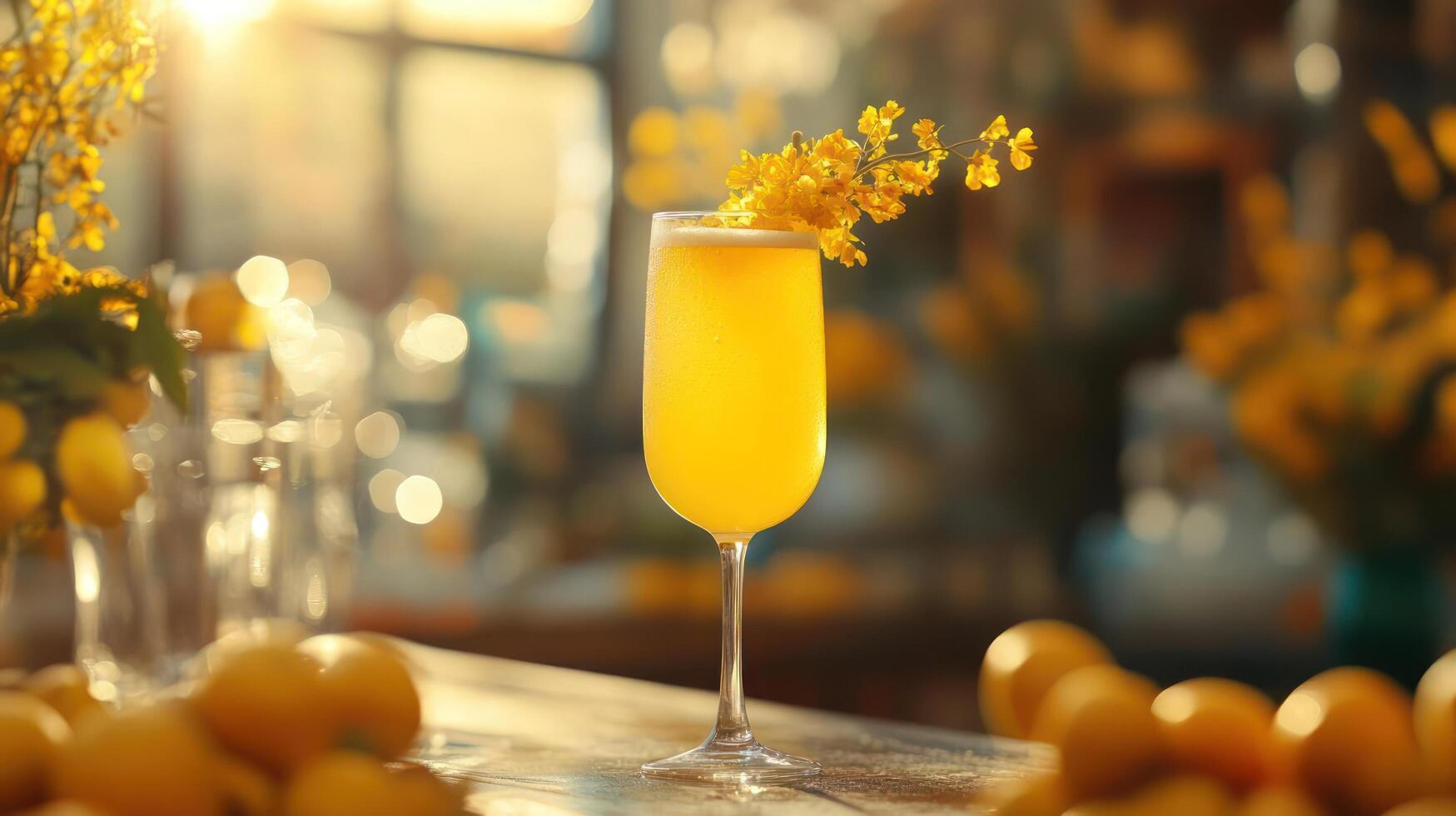 Refreshing golden cocktail with floral garnish, bright and elegant. photo