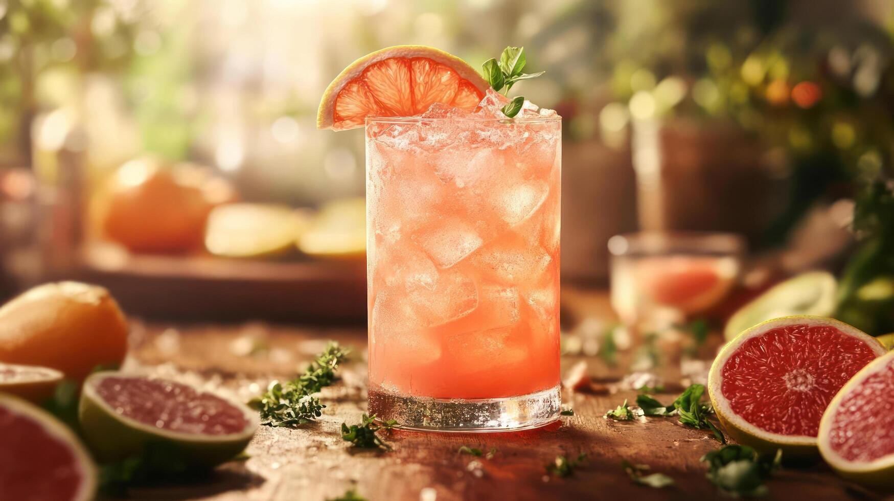 Refreshing grapefruit cocktail with ice and herbs. photo