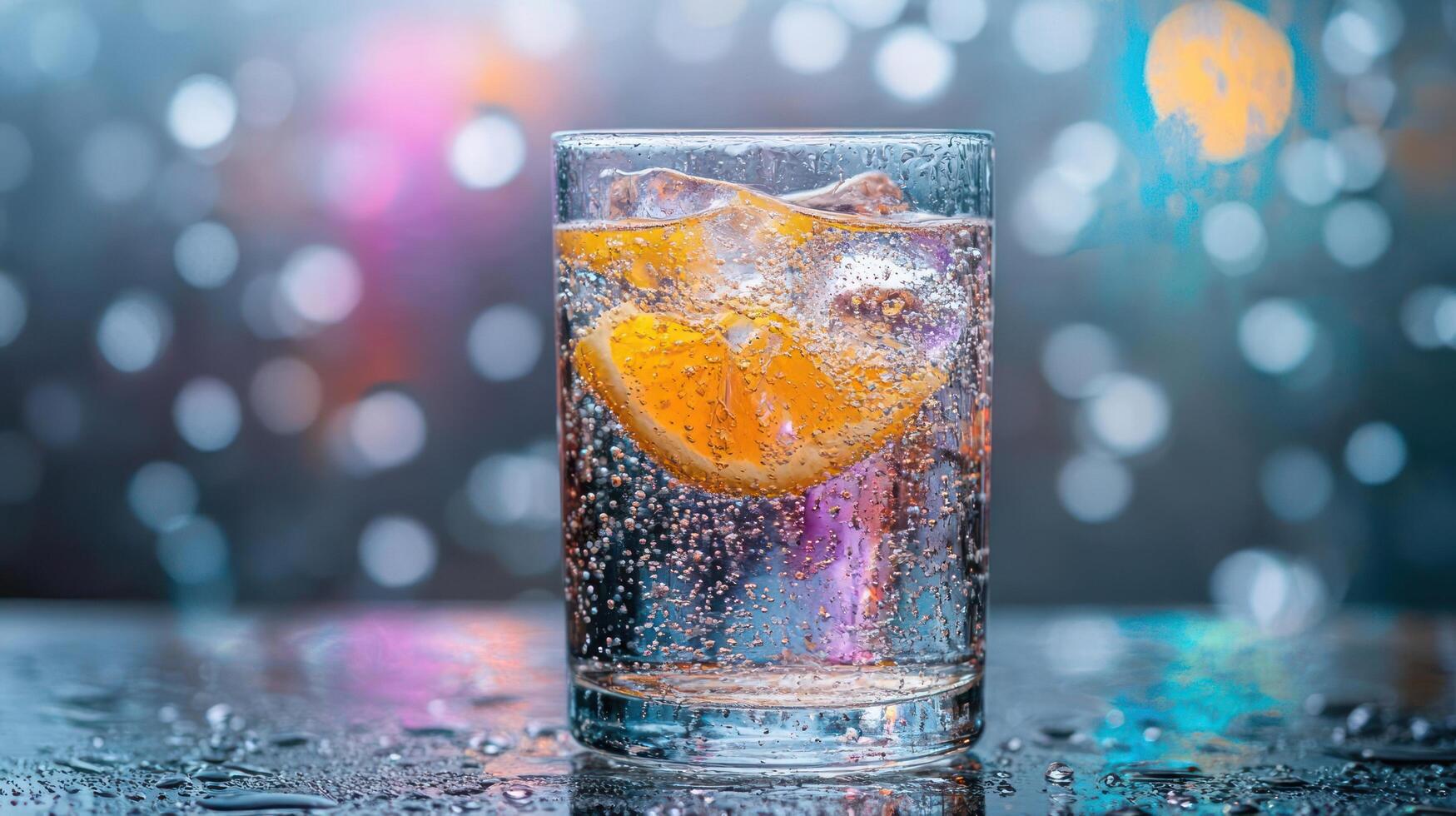 Refreshing citrus sparkling drink with ice in a glass. photo