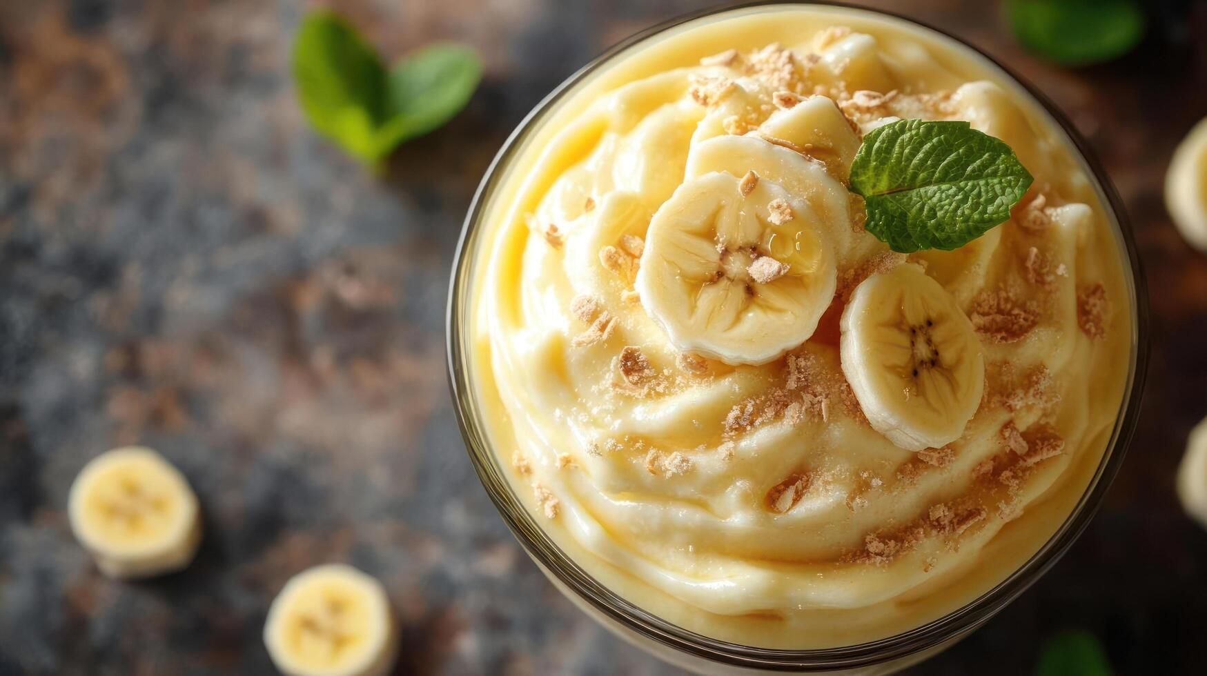Close-up of a banana smoothie with sliced bananas and mint. photo