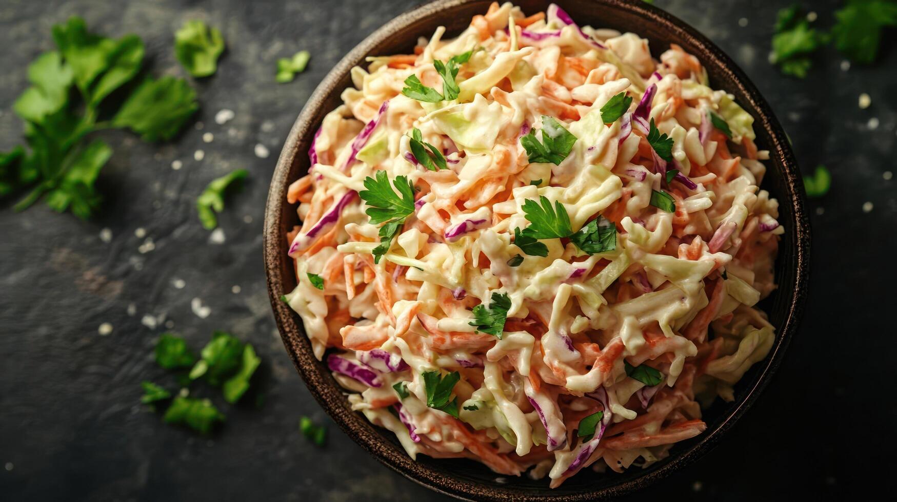 Creamy coleslaw salad with fresh parsley, top view. photo