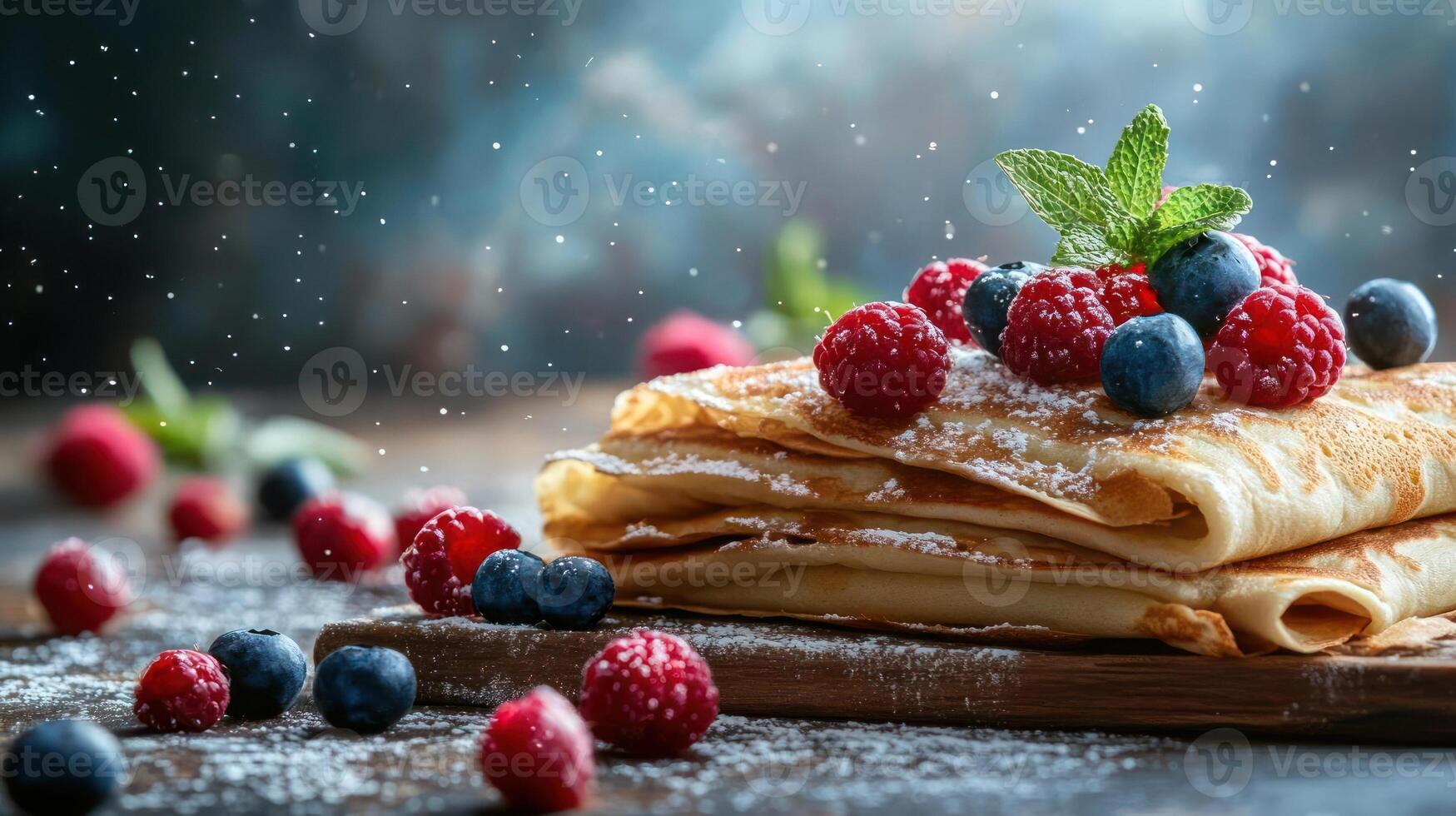 Stack of pancakes with berries and mint. photo