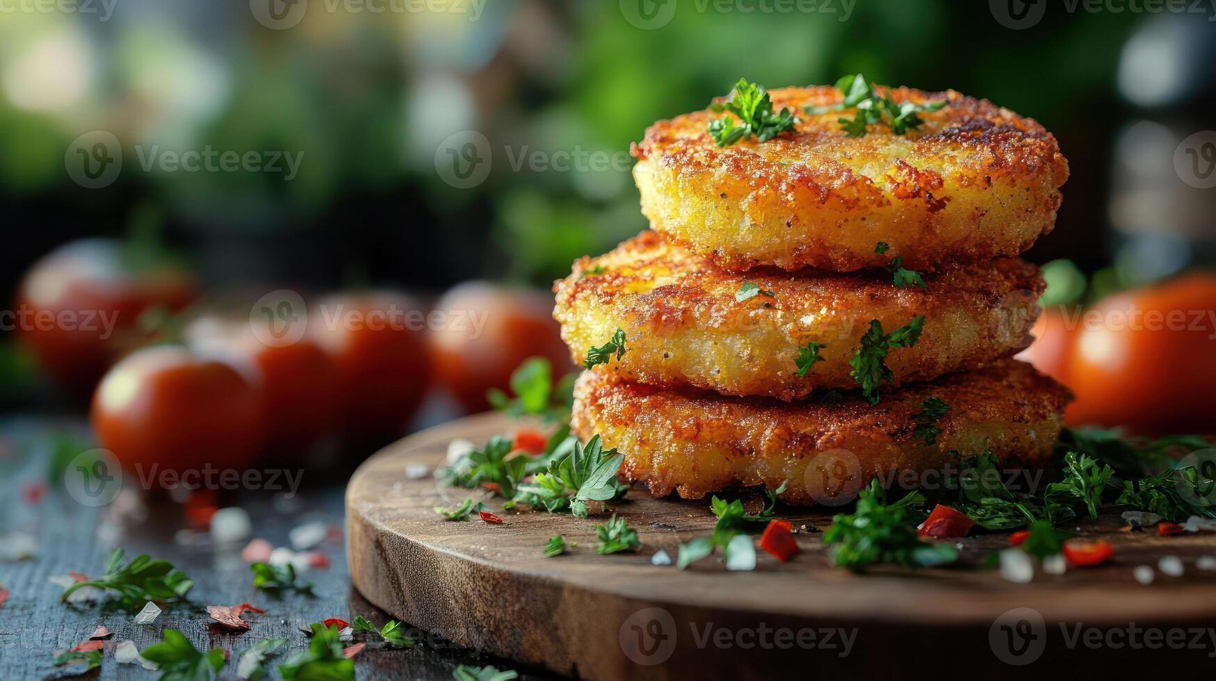 Stacked potato patties with herbs on a wooden board. photo