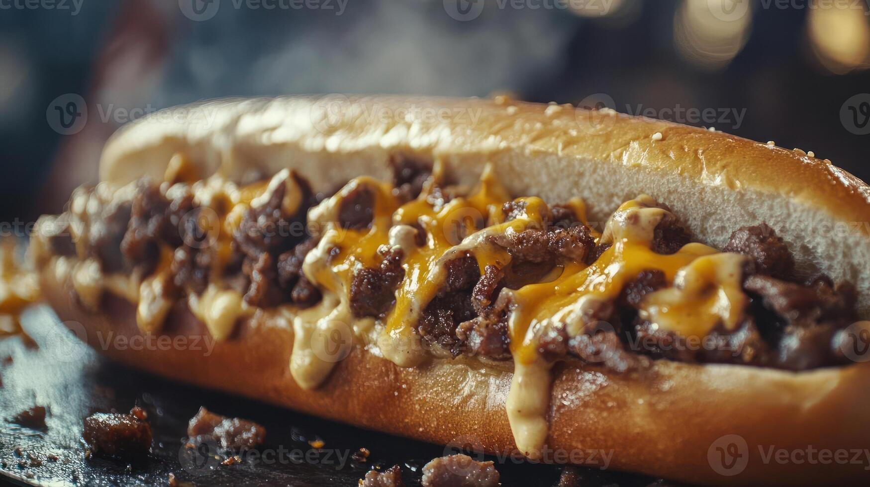 Delicious cheesesteak sandwich, close-up view, savory and cheesy. photo