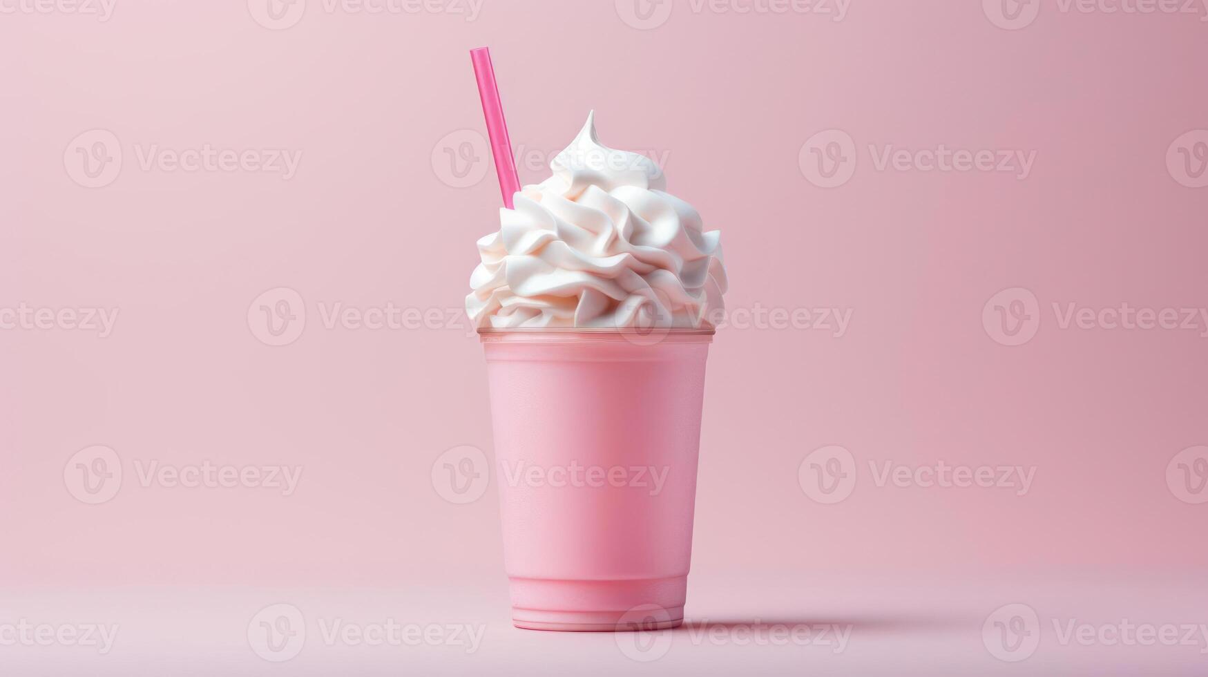 Pink cup of ice cream with whipped cream and a straw. photo