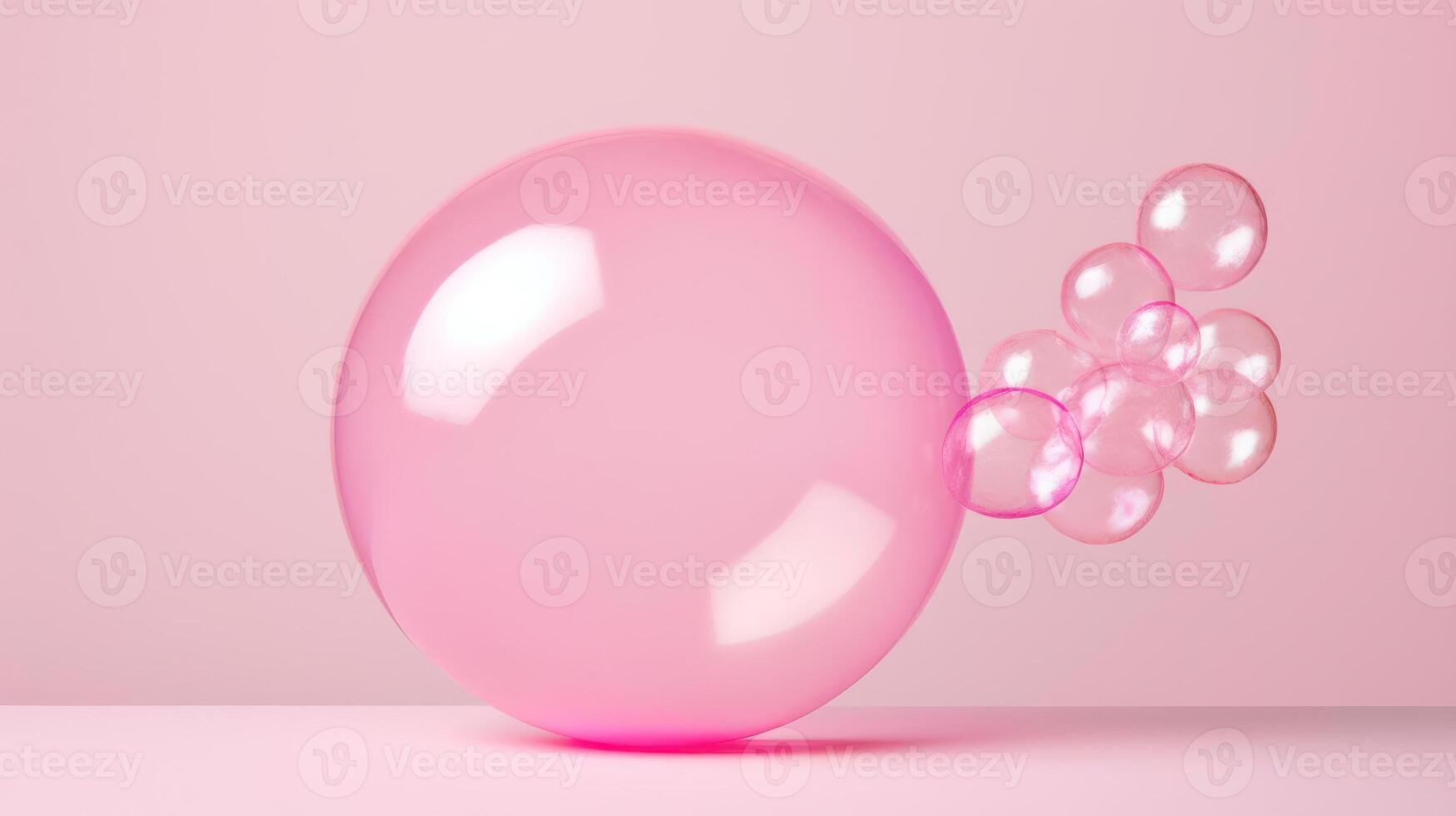 Pink sphere with floating bubbles, minimalist, soft lighting. photo
