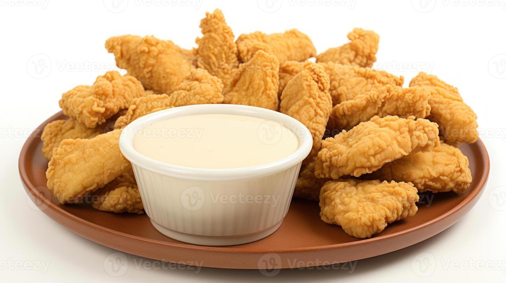 Plate of crispy chicken nuggets with dipping sauce. photo