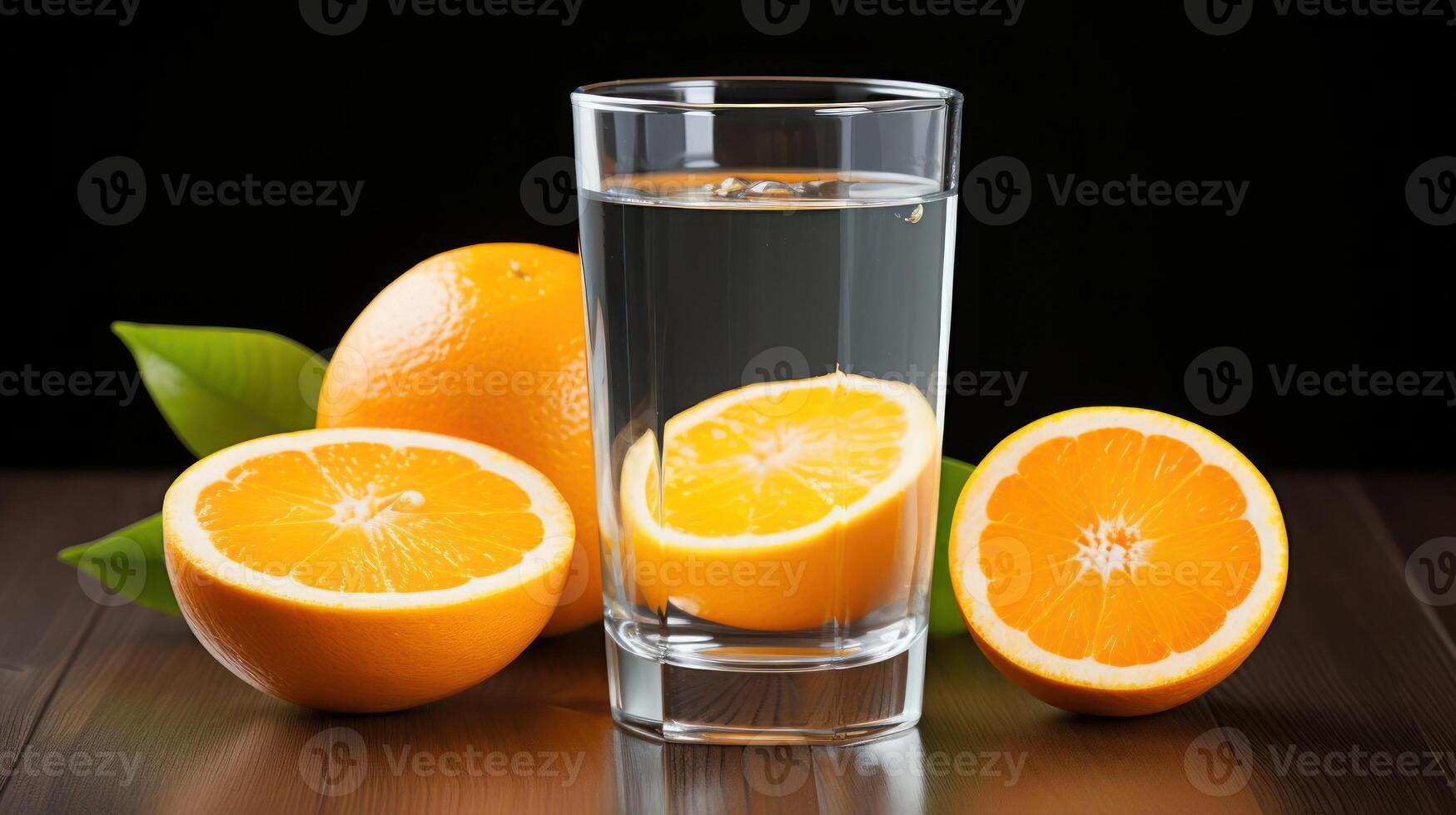 Fresh oranges and water glass on wooden surface. photo