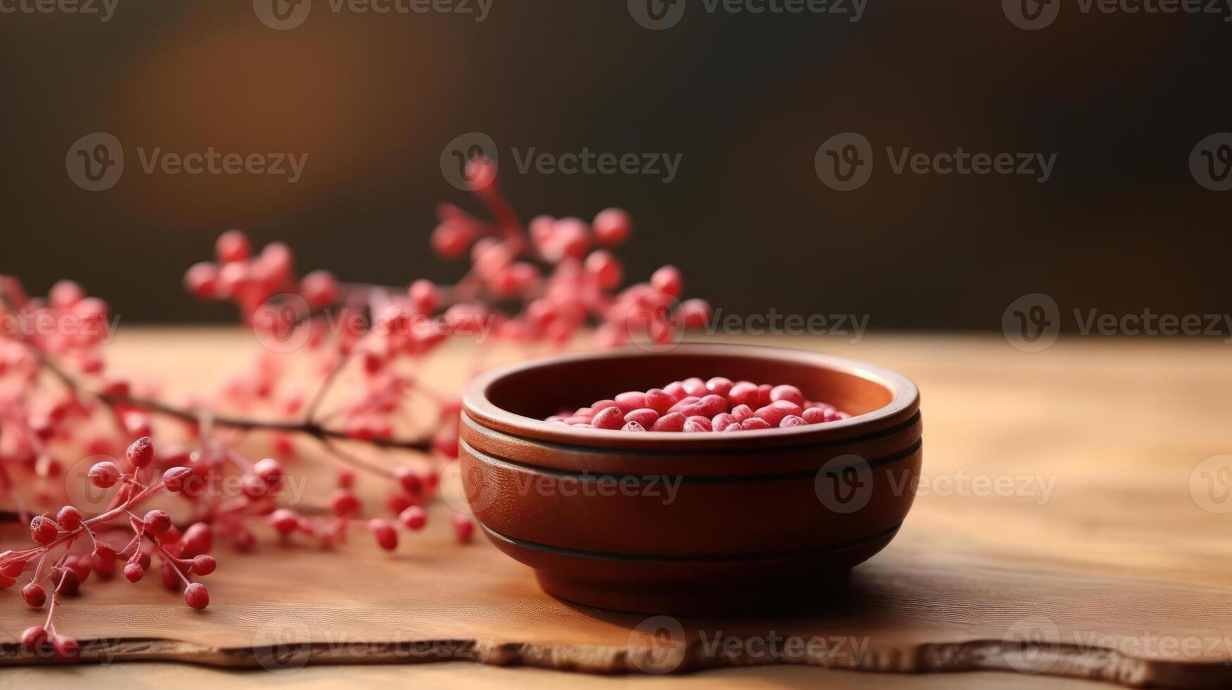 Red berries in a wooden bowl, natural still life. photo