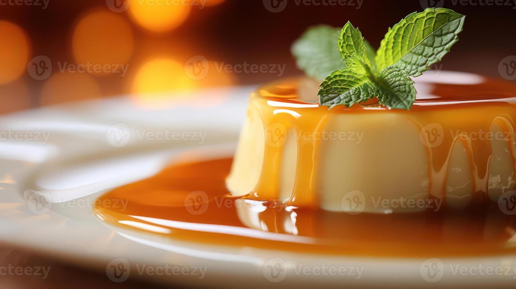 Caramel pudding with mint garnish on a plate. photo
