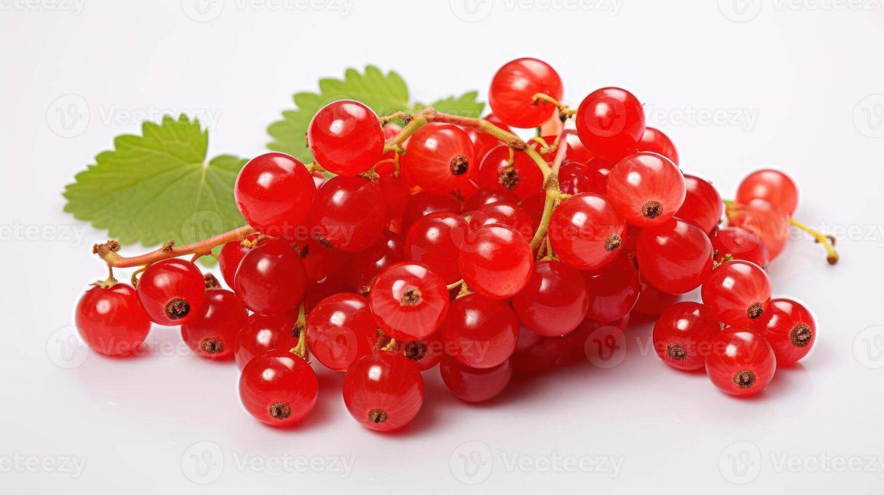 Fresh redcurrant berries with green leaves on a white background. photo