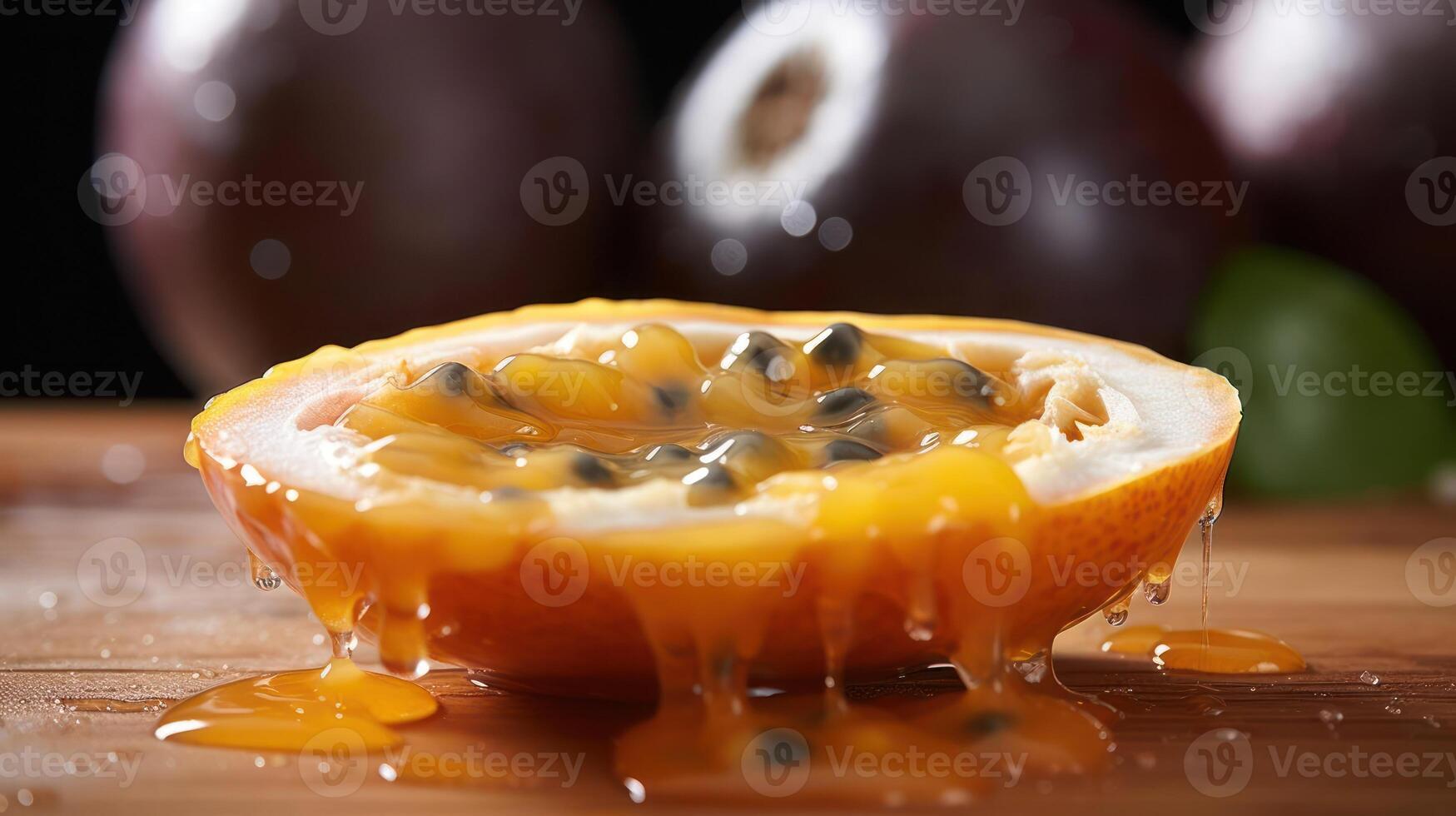 Close-up of a halved passionfruit with juicy pulp. photo