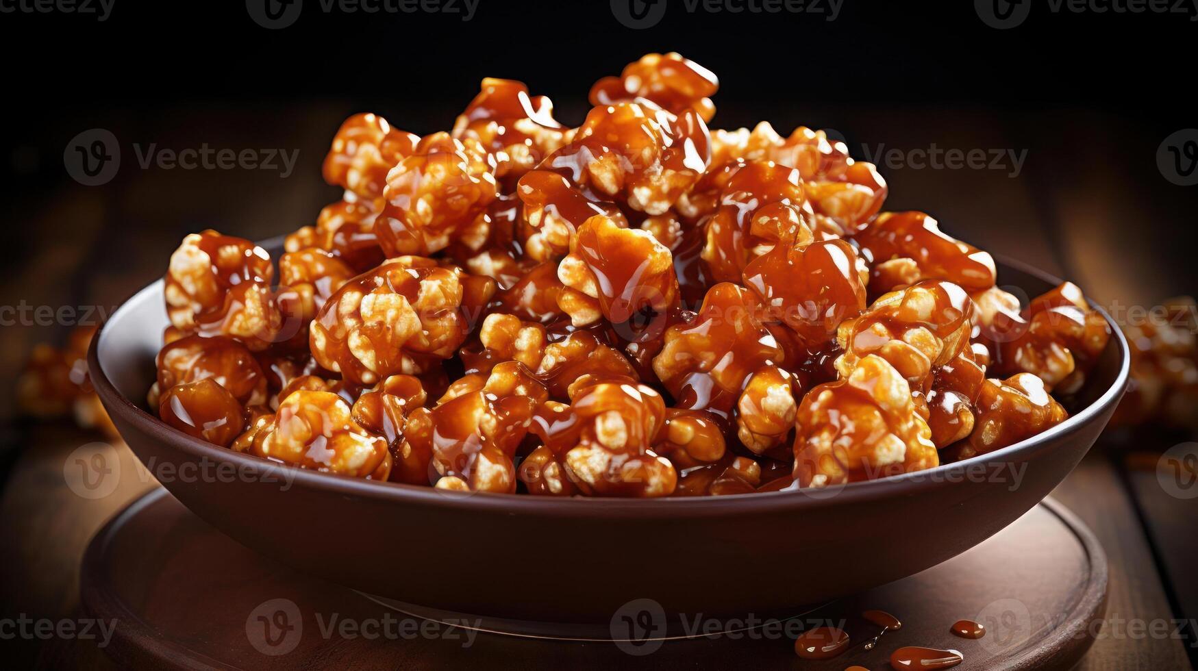 Delicious caramel popcorn in a bowl, close-up shot. photo