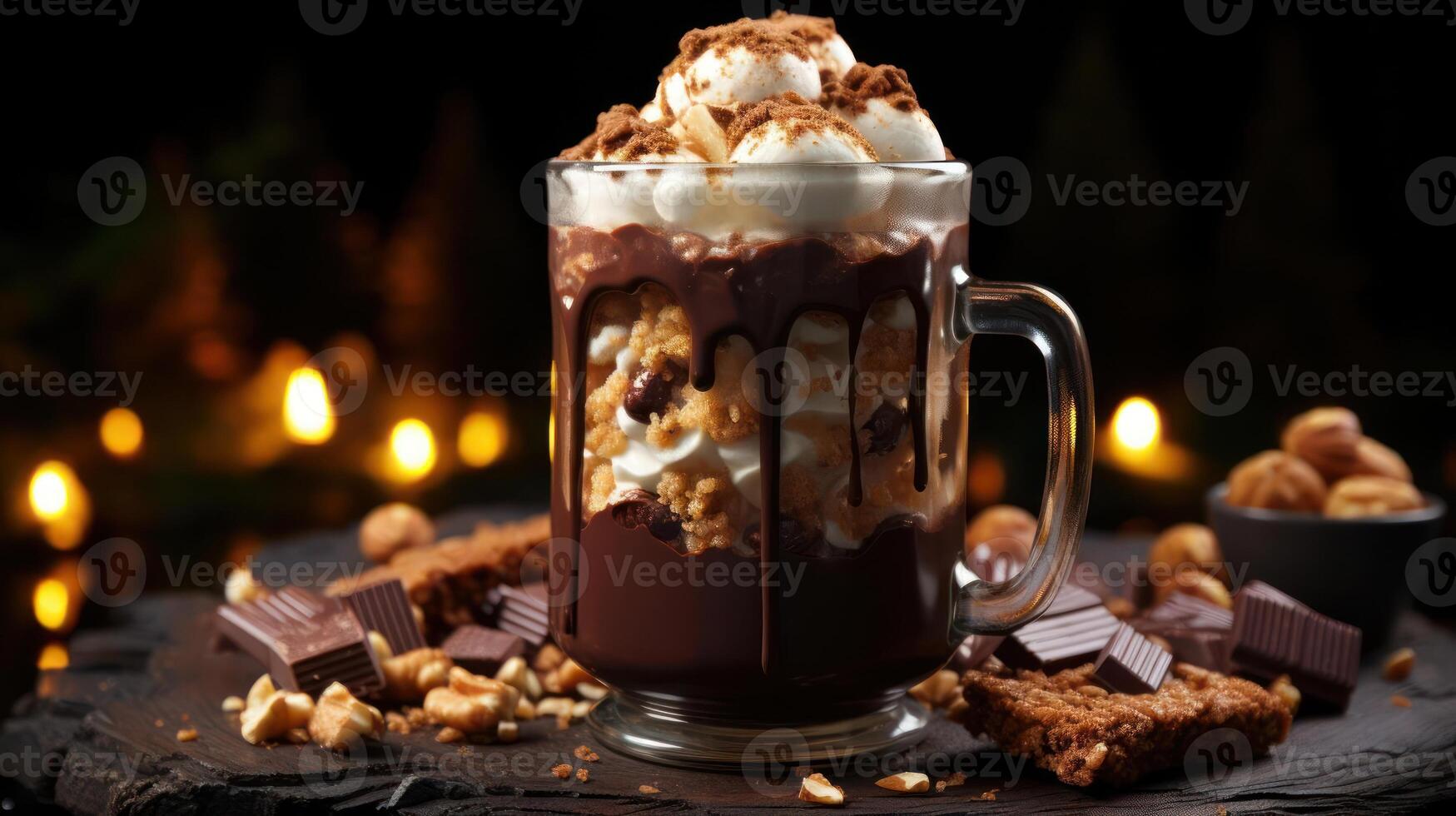 Rich hot chocolate with whipped cream and chocolate drizzle. photo