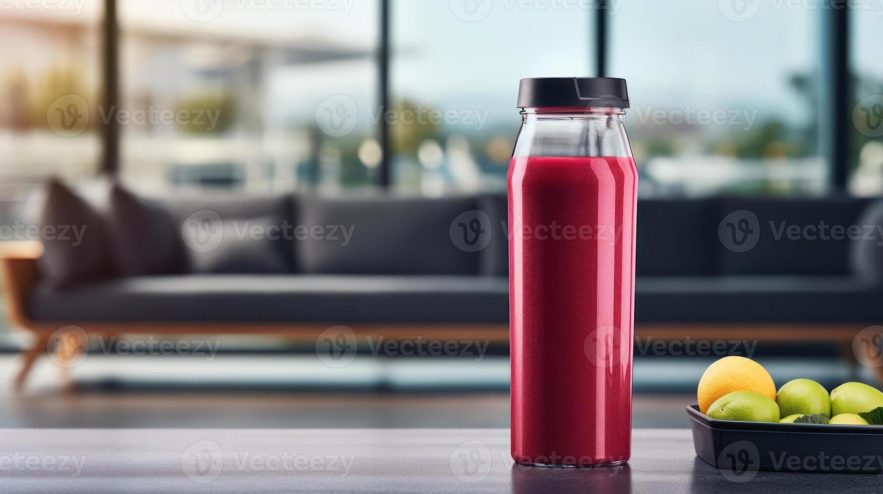 Red juice in a glass bottle with fruit on a table. photo
