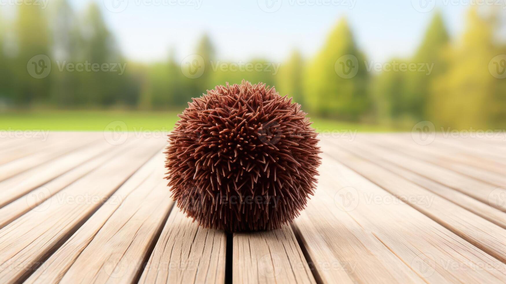 Close-up of a spiky seed on a wooden surface. photo