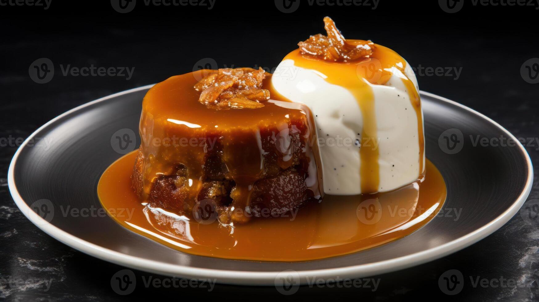 Caramel cake with cream and caramel drizzle on a plate. photo