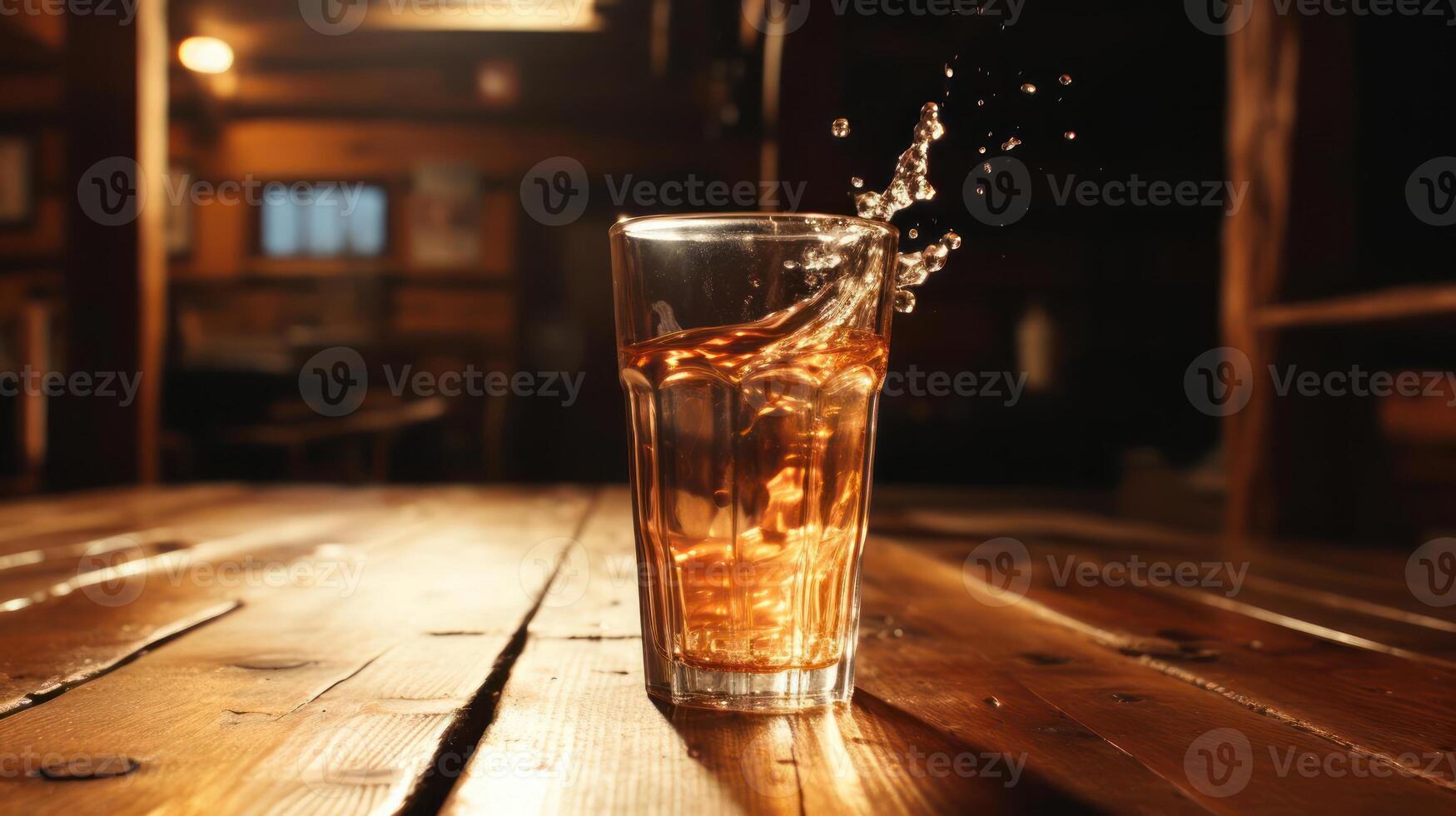 Whiskey glass with a splash on a wooden table. photo