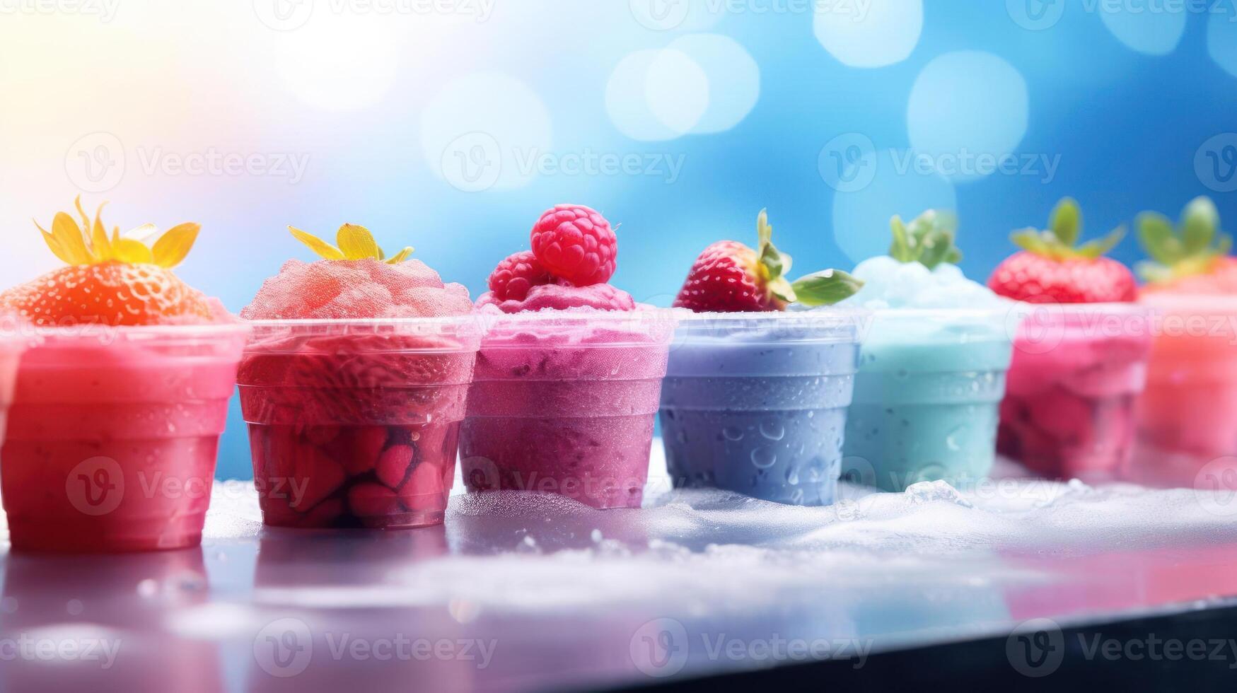 Vibrant ice cream cups with fresh berries, a sweet summer treat. photo