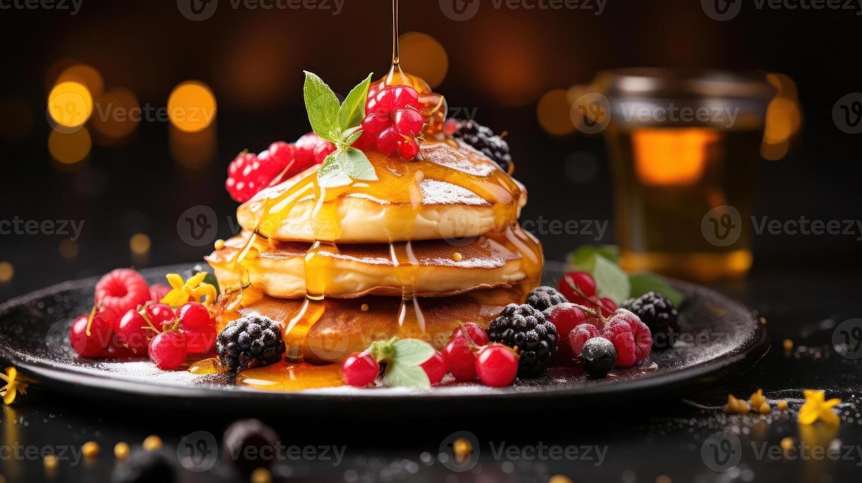 Stack of pancakes with berries and syrup. photo
