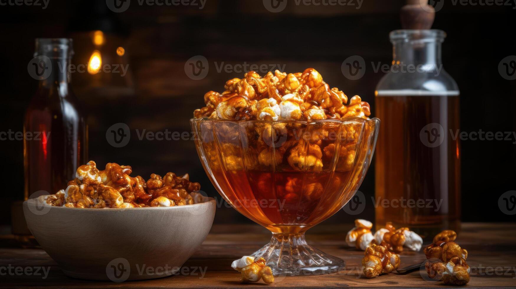 Caramel popcorn with drinks in a dark, moody setting. photo