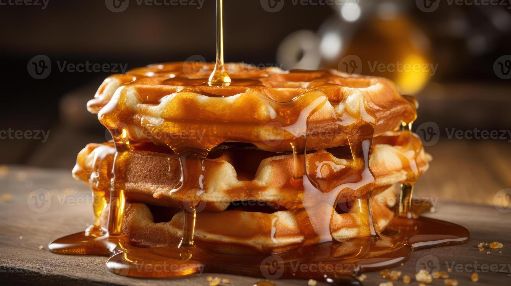 Stack of waffles drizzled with golden syrup. photo