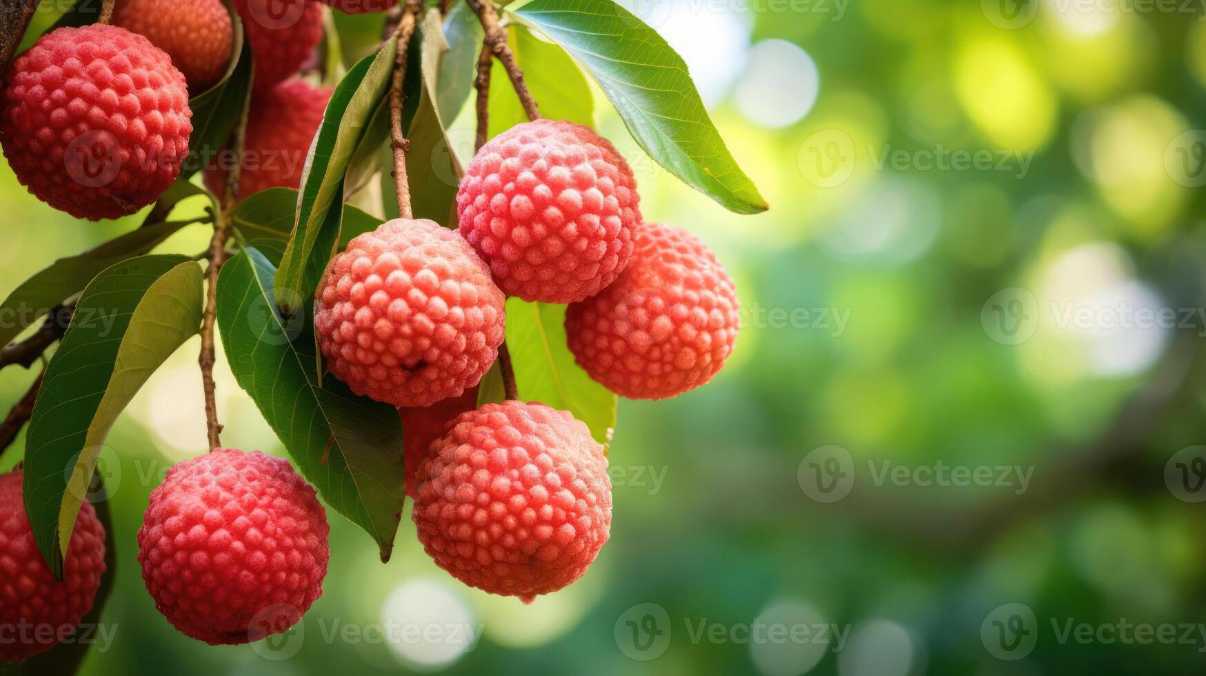 Ripe lychee fruits hanging on a branch. photo