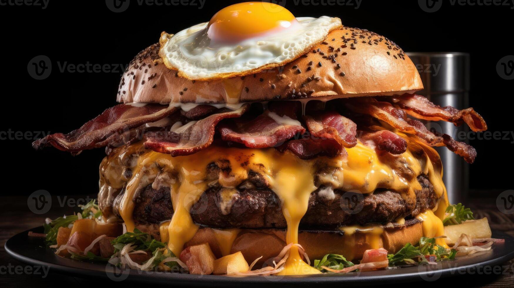 Decadent bacon and egg burger with melted cheese. photo
