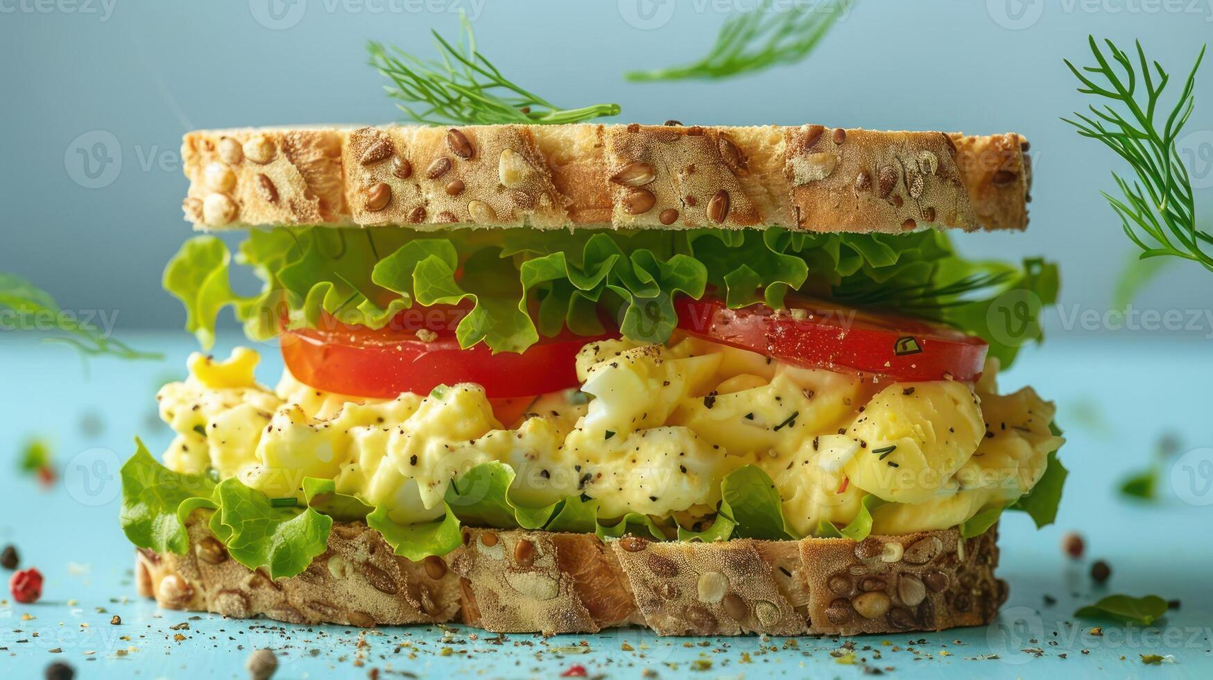 A sandwich with egg, tomato and lettuce on a blue background photo