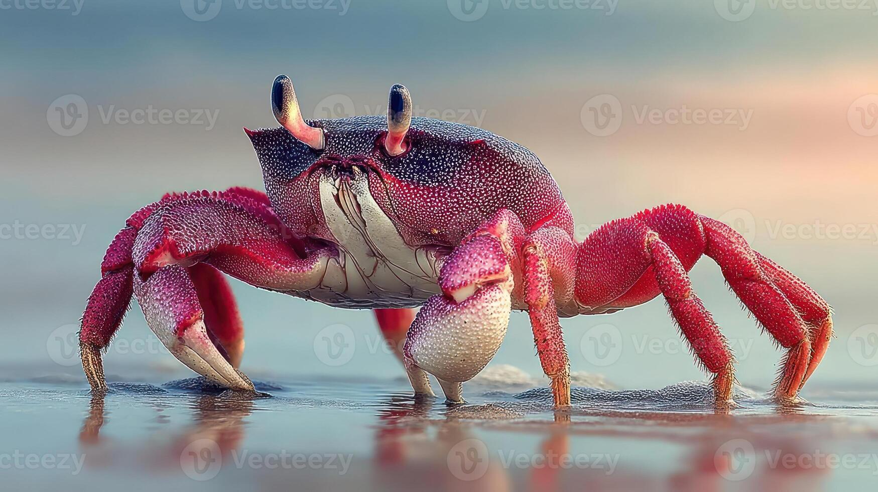 Vibrant red crab on the beach, close-up view. photo