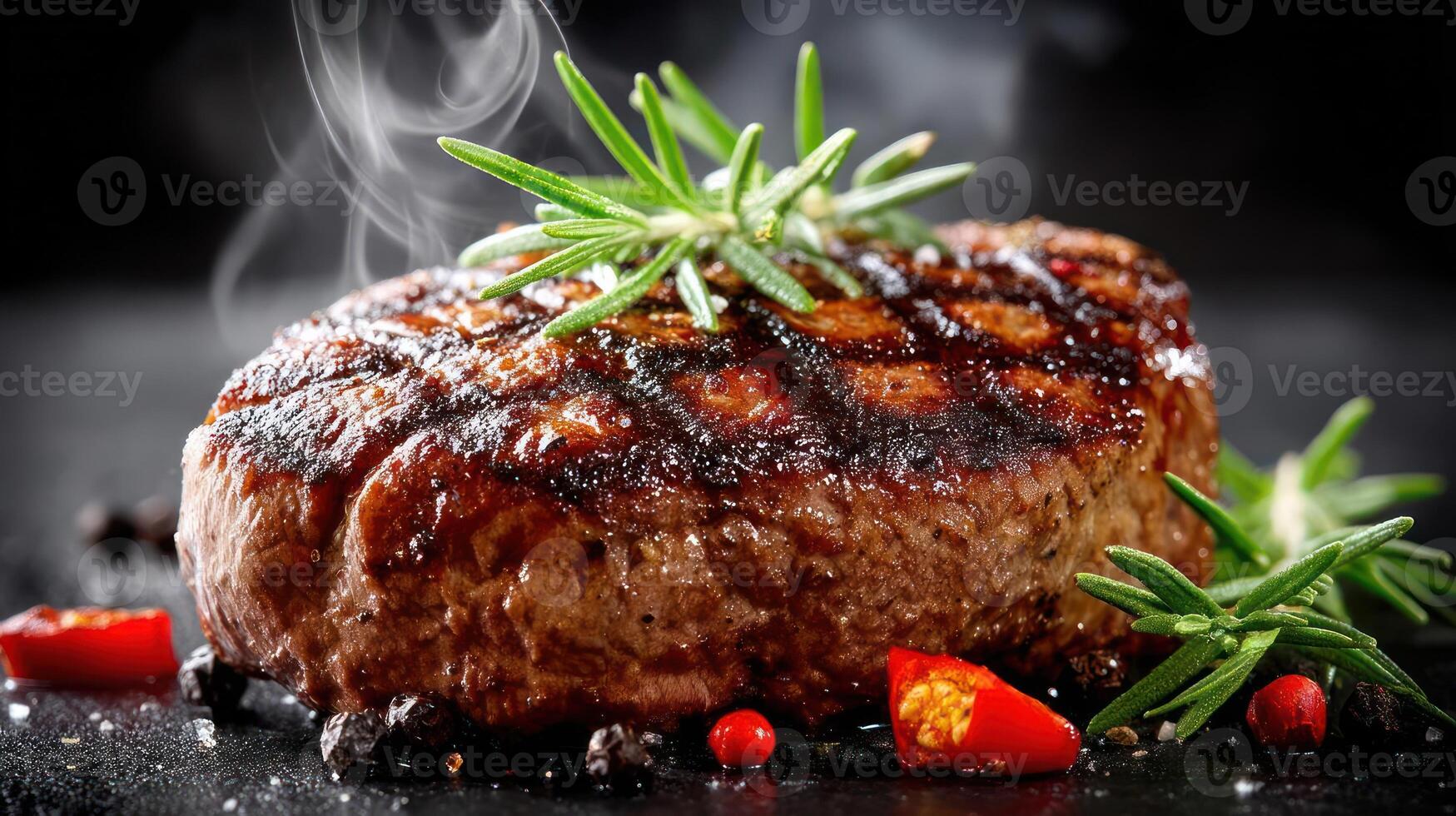 Seared steak with rosemary and chili peppers. photo