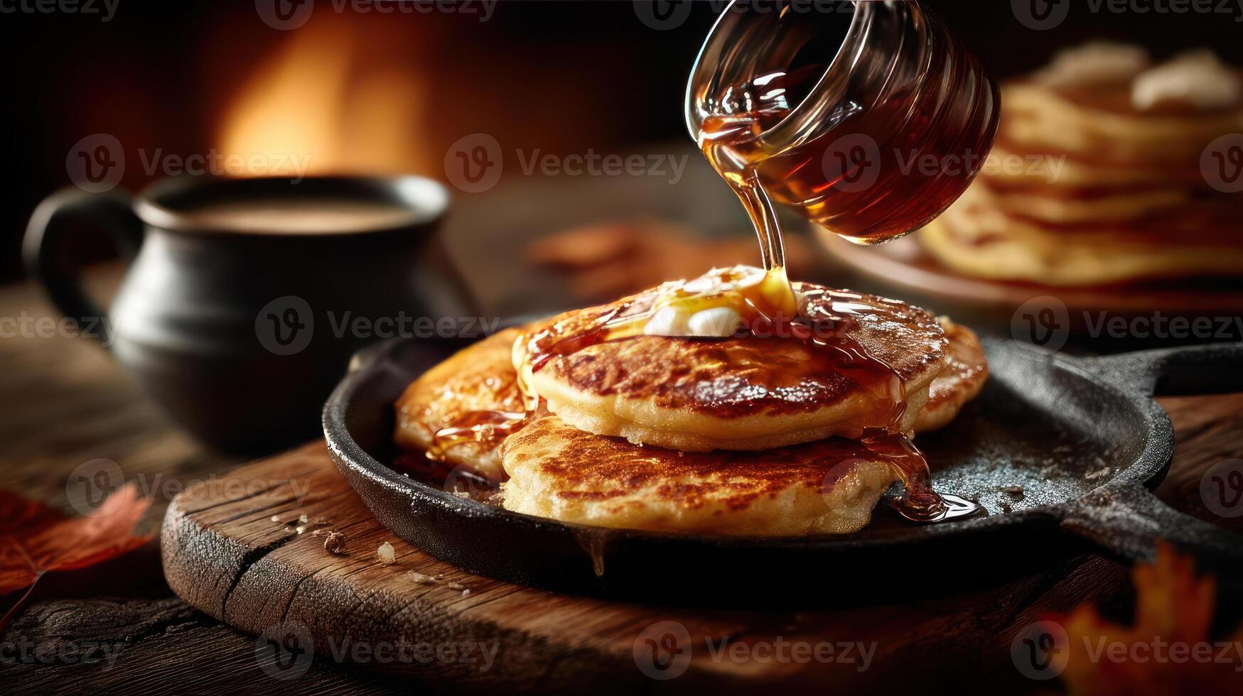 Stack of pancakes with honey drizzle on a wooden board. photo