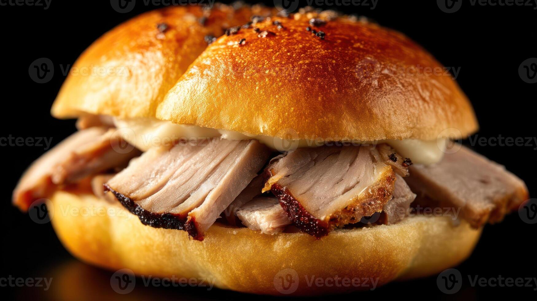 A pork sandwich with cheese and mustard on a bun photo