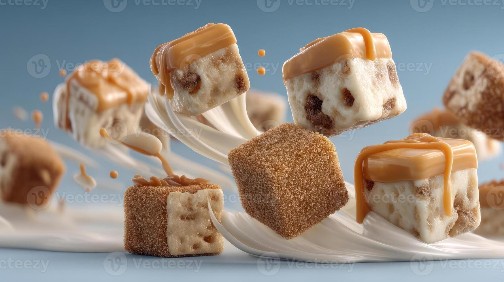 Caramel cubes splash in a delicious, sweet, and tempting display. photo