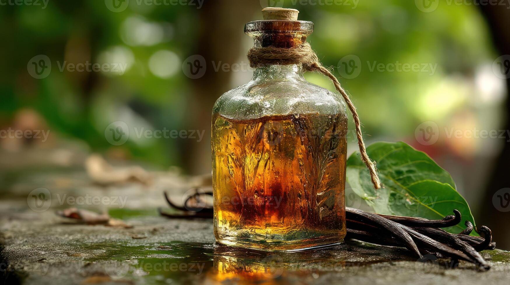 Vanilla extract in a bottle with vanilla beans. photo