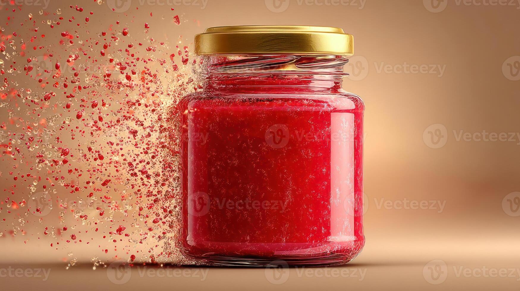 Red jam jar with water droplets, studio shot. photo