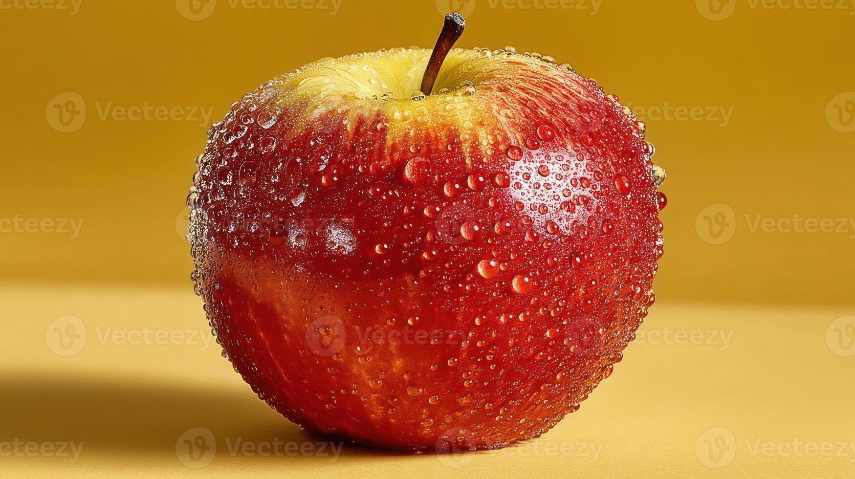 Close-up of a fresh, red apple with water droplets. photo