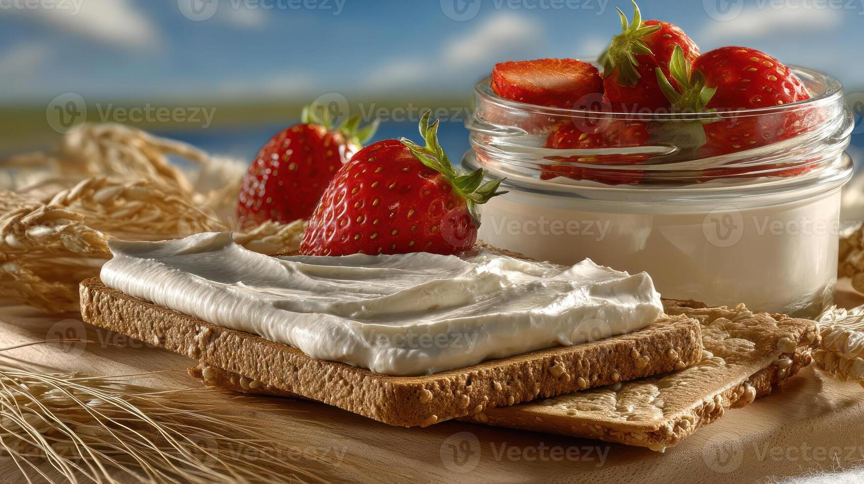 Strawberry cream on a cracker, wheat stalks in background. photo