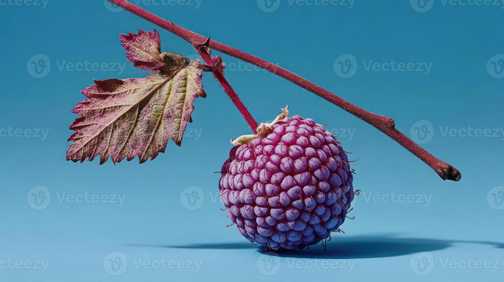 Close-up of a ripe raspberry with a leaf and stem. photo